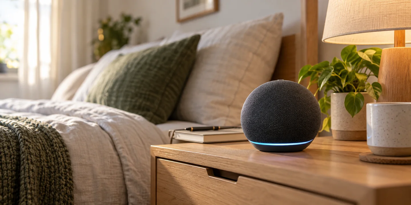 Editorial image of an unbranded charcoal spherical smart speaker on a bedroom side table
