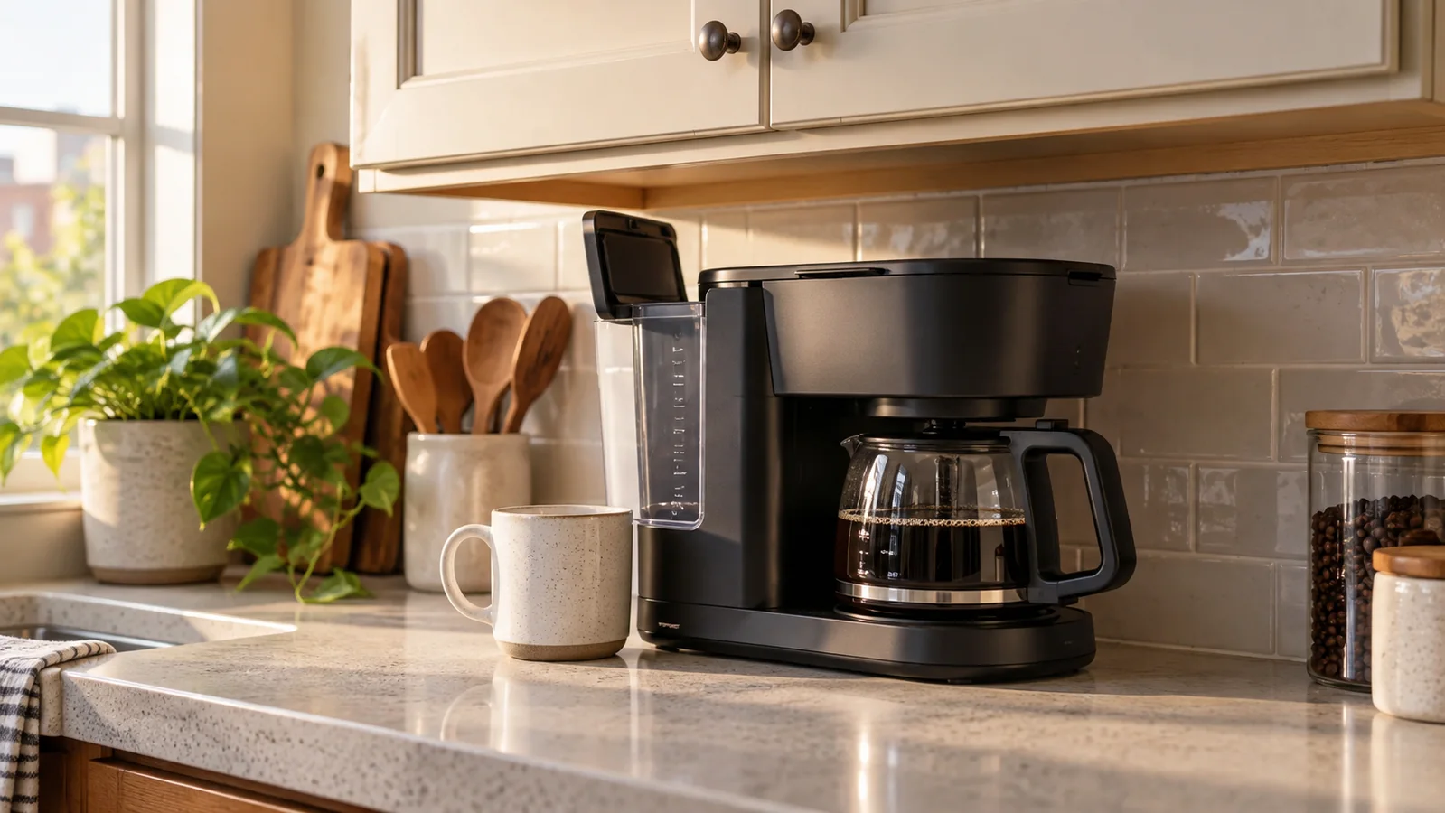 Front-fill drip coffee maker fitting beneath a low kitchen cabinet