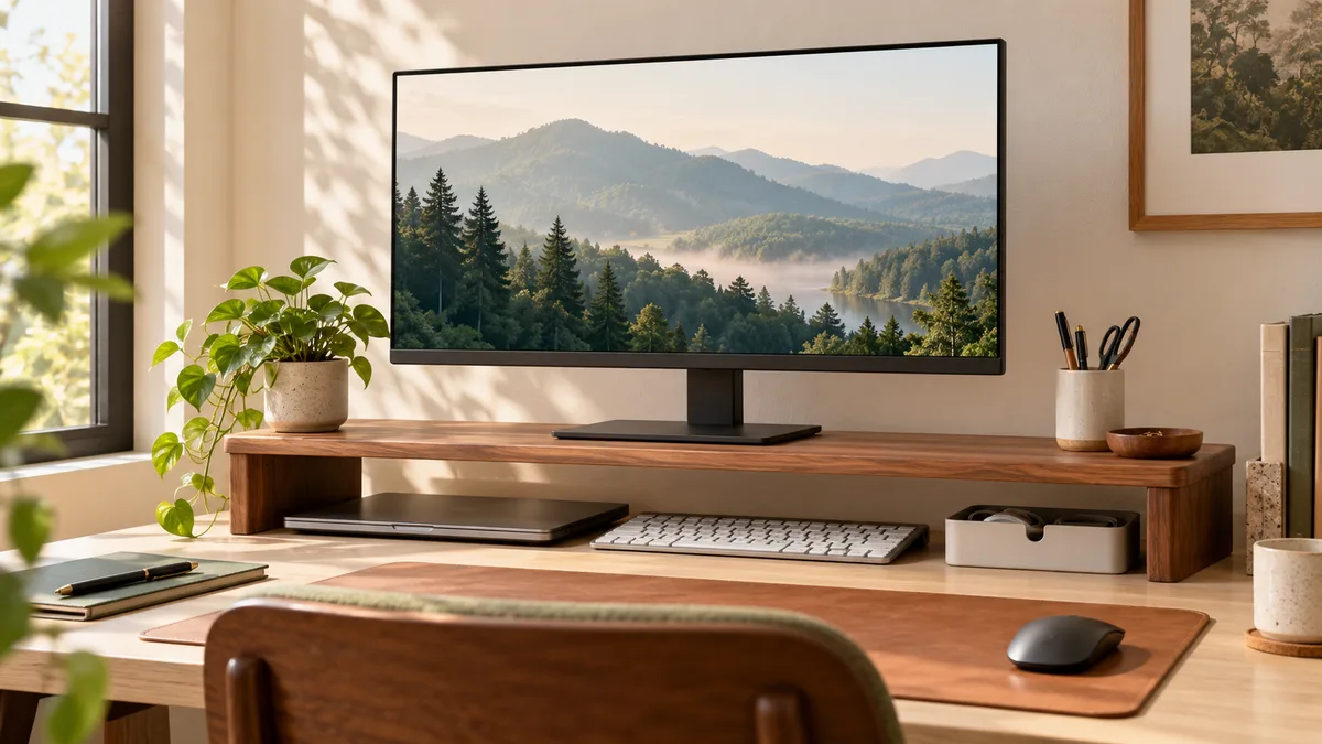 Wood desk shelf supporting a monitor above a laptop and compact keyboard