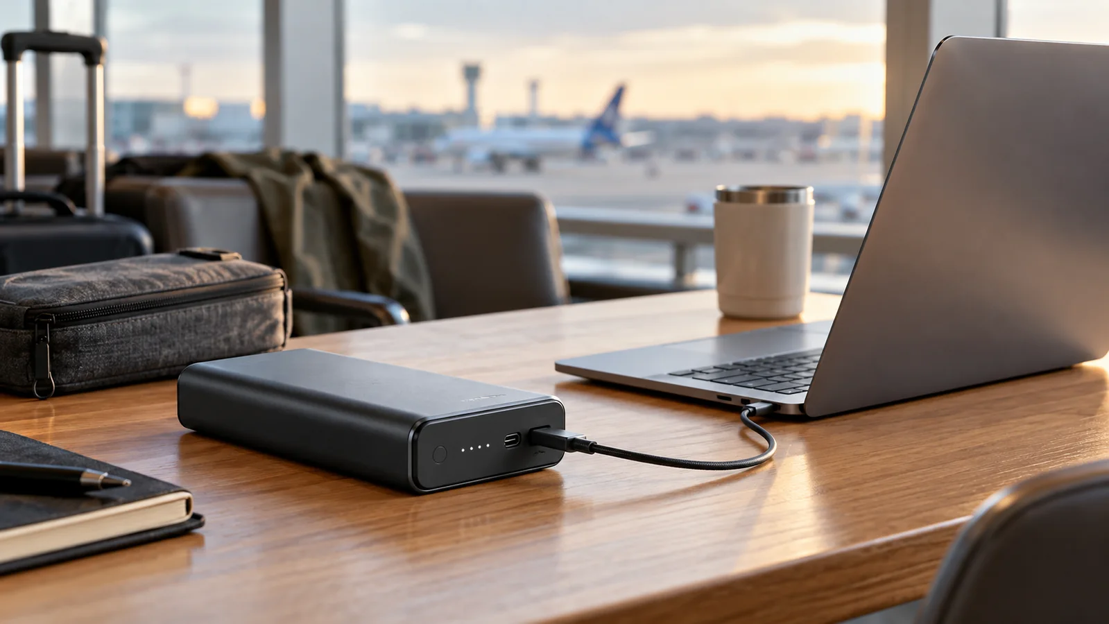 Portable laptop power bank charging a laptop at an airport workspace