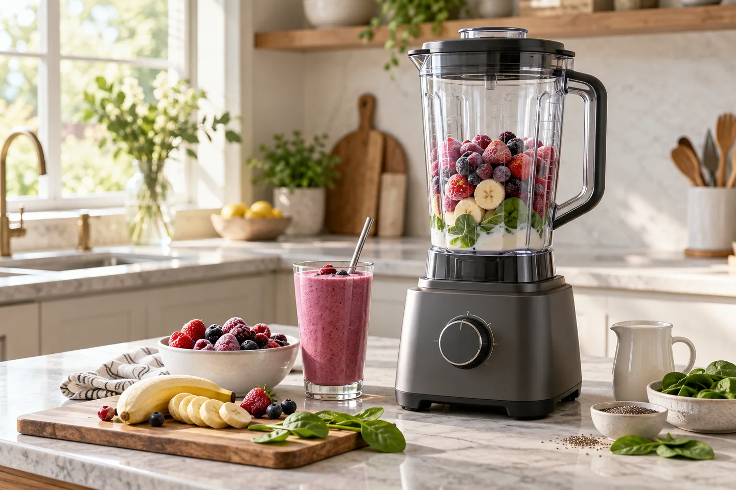 Editorial image of an unbranded full-size countertop blender with smoothie ingredients