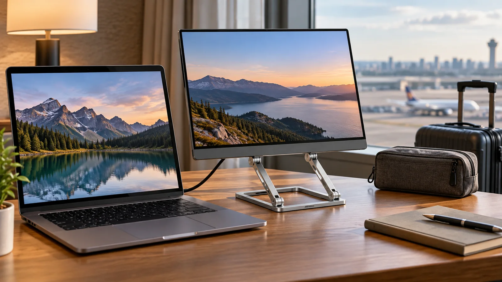 Portable monitor raised on a folding stand beside a laptop in an airport workspace